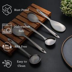  Trinity serving spoons featuring rust-proof construction, dishwasher safe convenience, BPA-free material, and easy-to-clean properties for everyday kitchen use.
