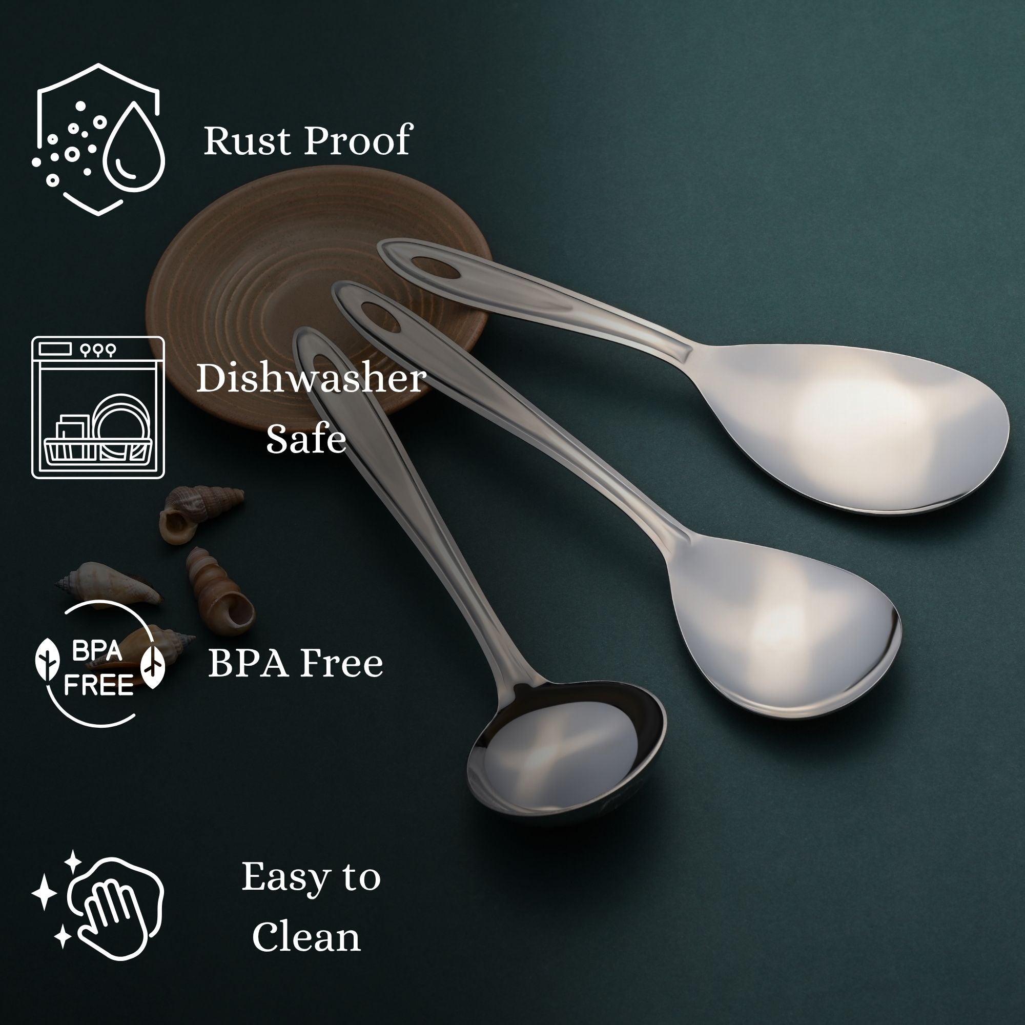 Trinity serving spoons highlighting key features including rust-proof protection, dishwasher-safe, BPA-free, and easy-to-clean specifications.