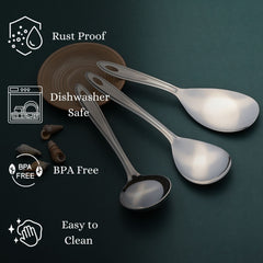 Trinity serving spoons highlighting key features including rust-proof protection, dishwasher-safe, BPA-free, and easy-to-clean specifications.