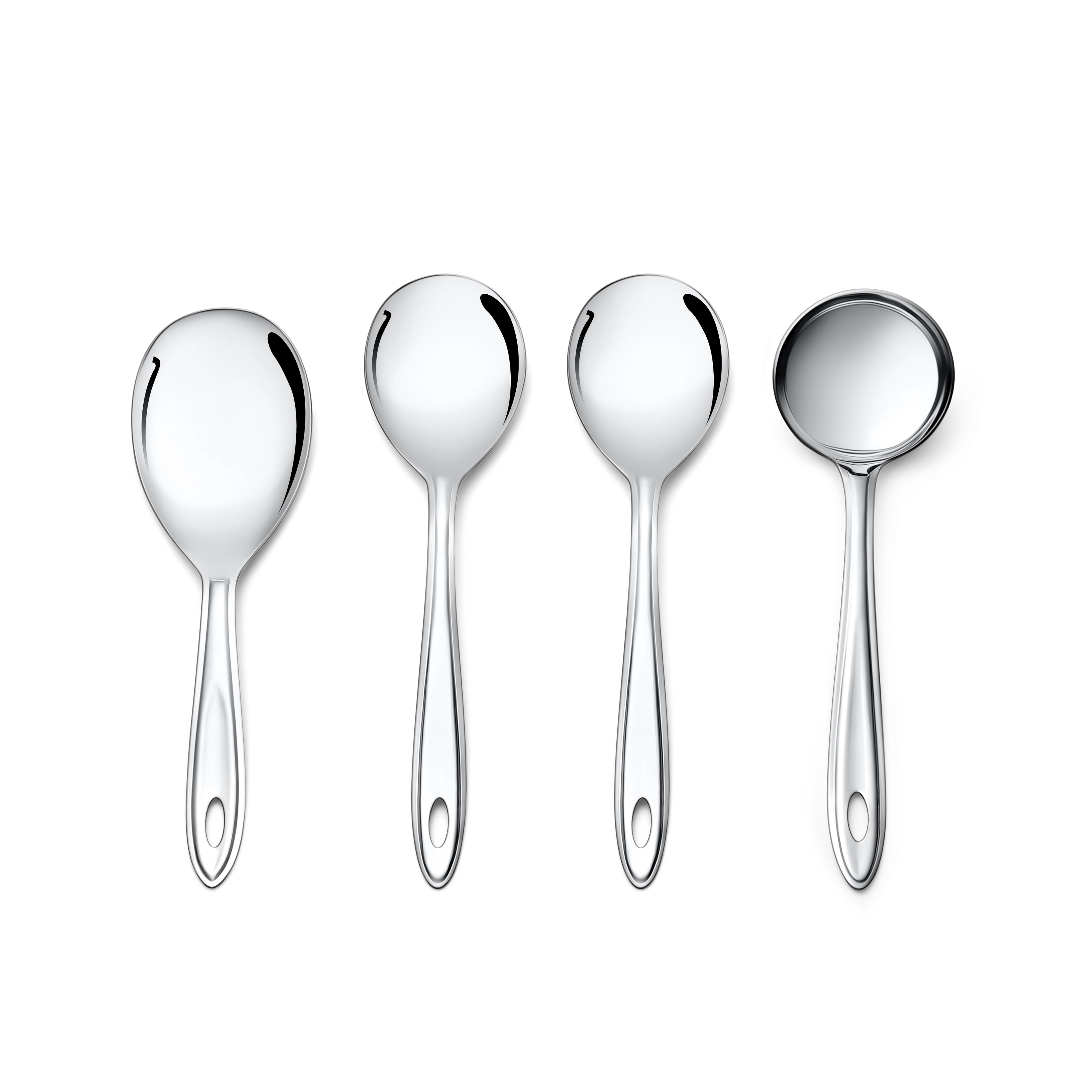Four polished stainless steel trinity serving spoons displayed individually on white background showing elegant design and mirror finish uniformly.