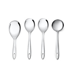 Four polished stainless steel trinity serving spoons displayed individually on white background showing elegant design and mirror finish uniformly.