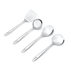 Trinity serving tools closeup featuring slotted turner spatula, gravy ladle, and serving spoons with oval handle design