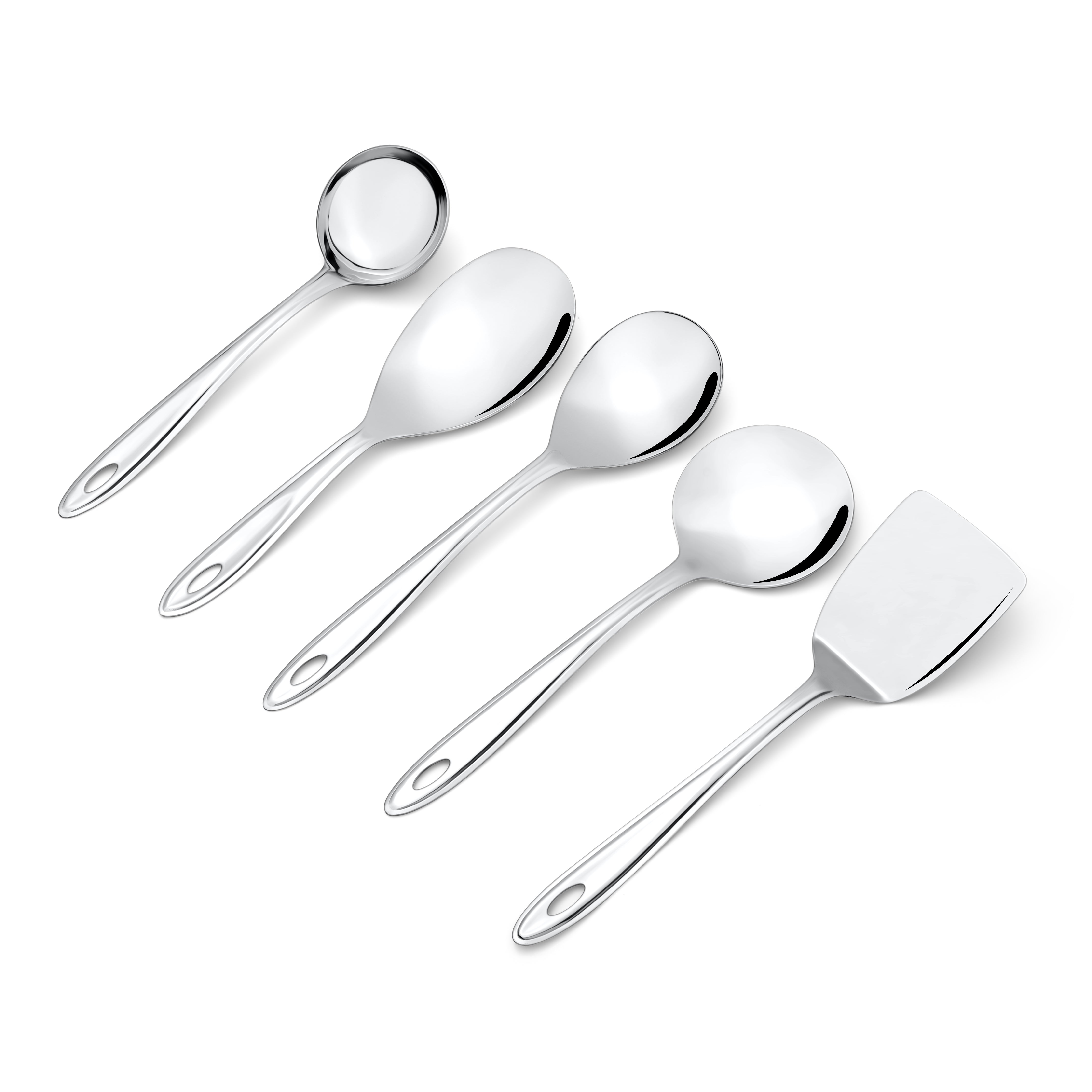Trinity serving tools closeup featuring gravy ladle, rice spoon, vegetable server, and solid turner with oval handle design