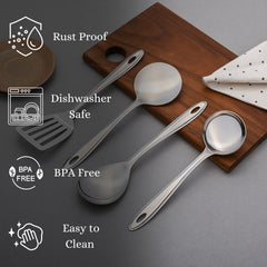 Trinity serving utensils featuring rust-proof construction, dishwasher-safe design, BPA-free material, and easy-to-clean properties on wooden board