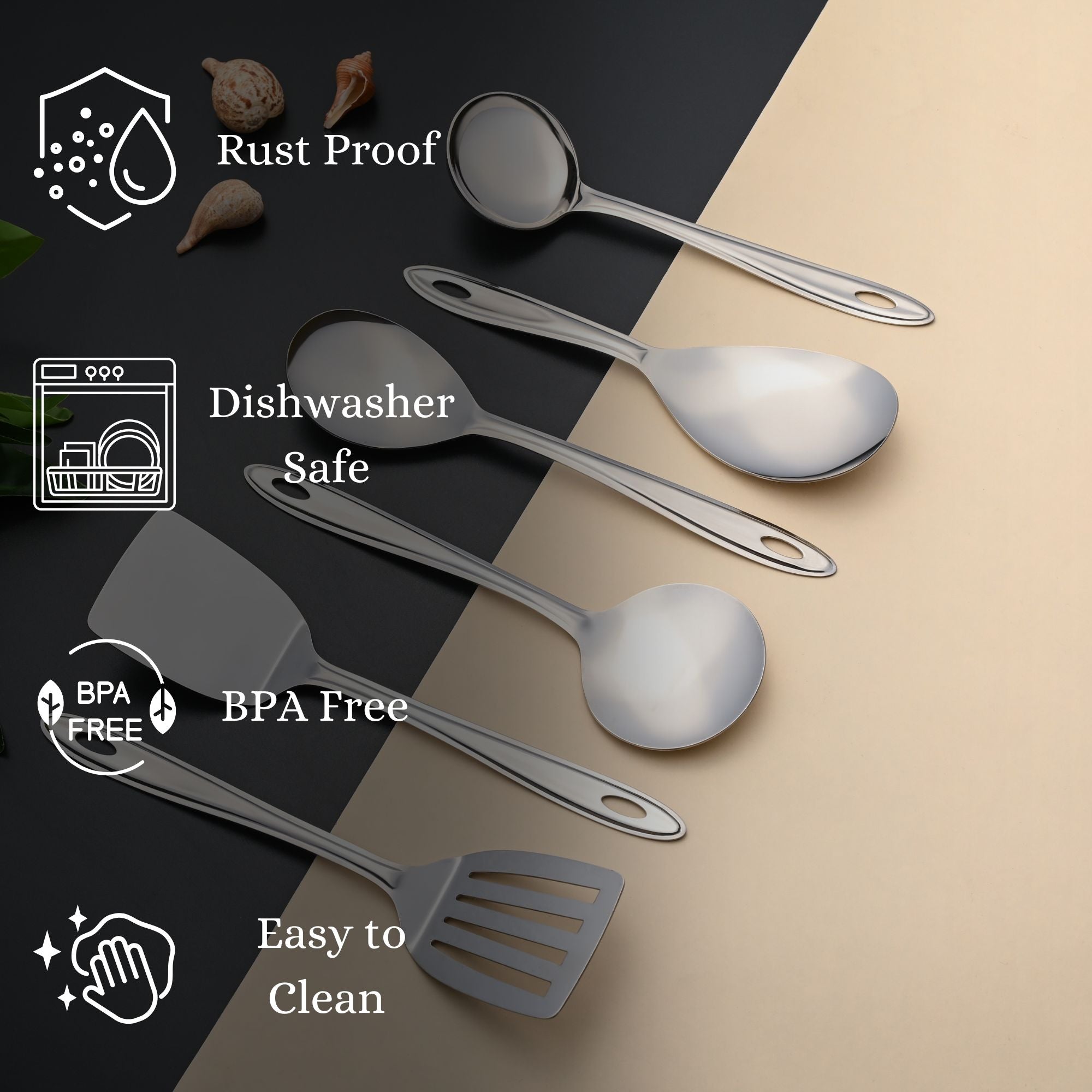 Trinity serving tools featuring rust-proof stainless steel construction, dishwasher safe convenience, BPA-free material, and easy-to-clean properties for daily use.