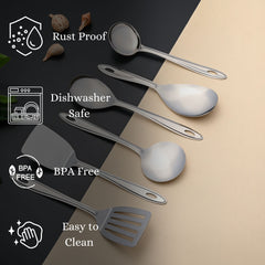 Trinity serving tools featuring rust-proof stainless steel construction, dishwasher safe convenience, BPA-free material, and easy-to-clean properties for daily use.