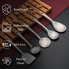 Trinity serving utensils featuring rust-proof, dishwasher-safe, BPA-free, and easy-to-clean properties with decorative shells on wooden board