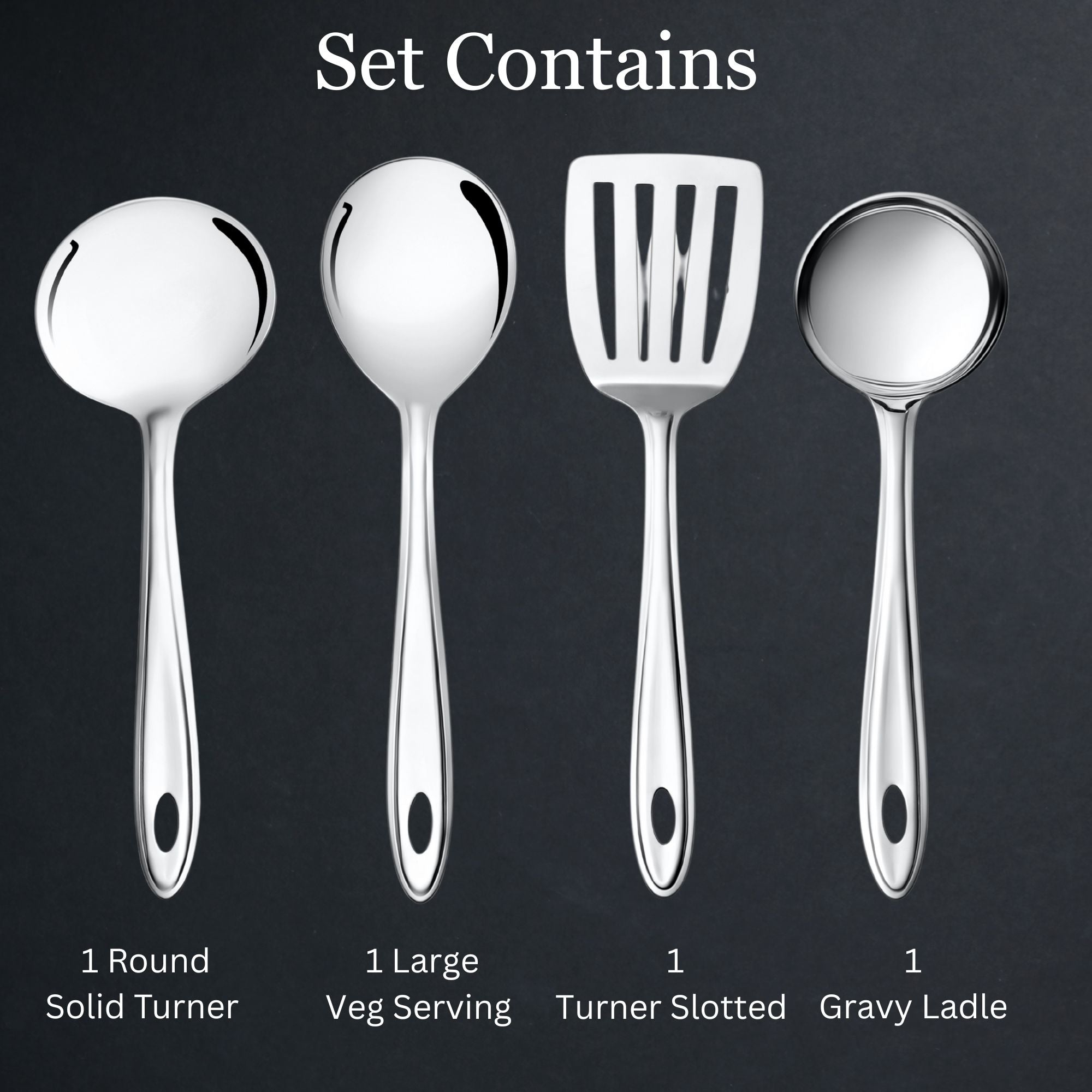 Trinity serving tool set contents showing round solid turner, large veg server, slotted turner, and gravy ladle