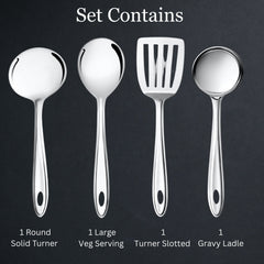 Trinity serving tool set contents showing round solid turner, large veg server, slotted turner, and gravy ladle