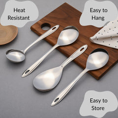 Trinity serving spoons featuring heat-resistant, easy-to-hang, and easy-to-store benefits on wooden board with grey background callout boxes.