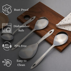 Trinity serving spoons highlighting rust-proof, dishwasher-safe, BPA-free features on wooden board with polka dot napkin accessory.