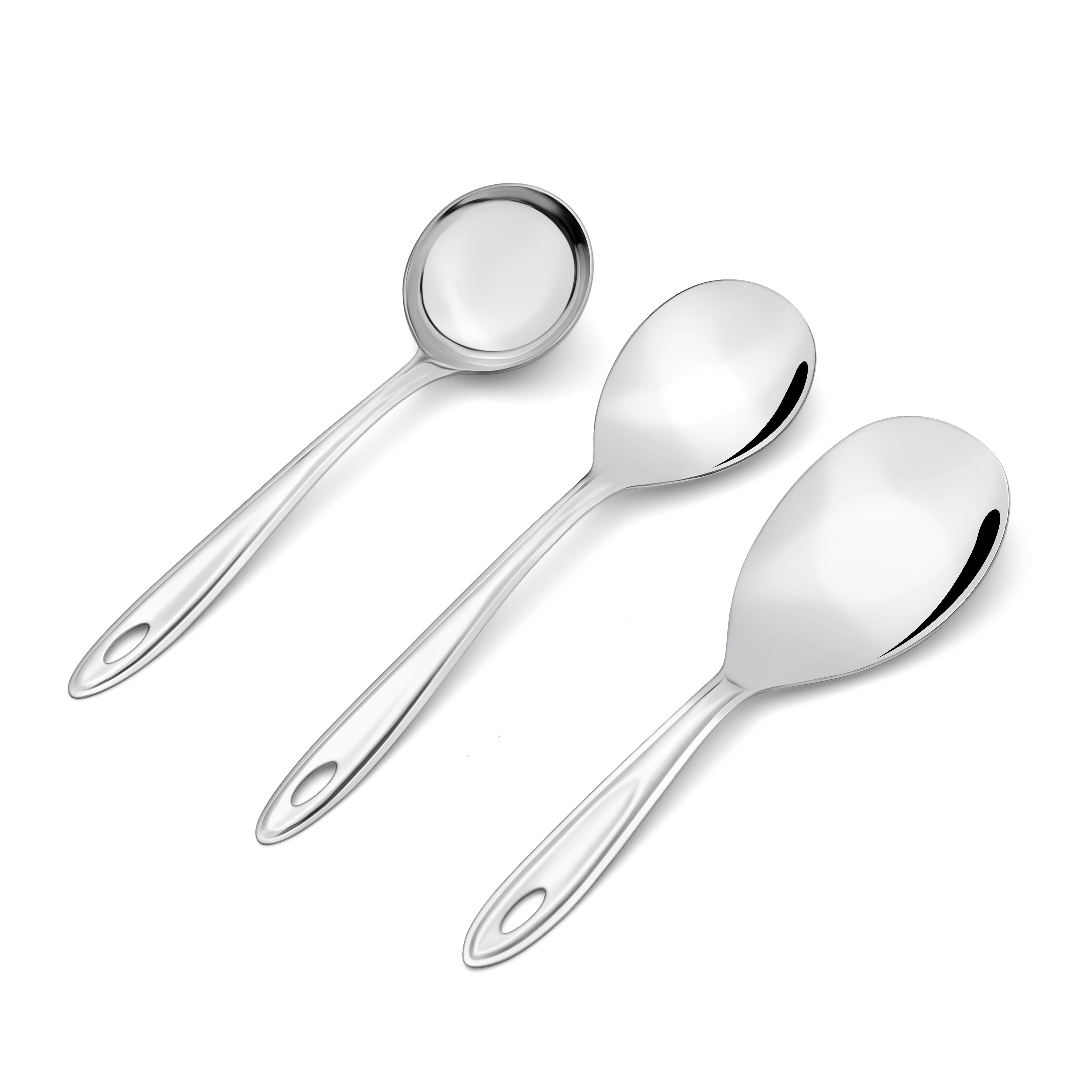 Trinity serving tools set featuring gravy ladle, rice server, and vegetable serving spoon with ergonomic handles and shiny finish.