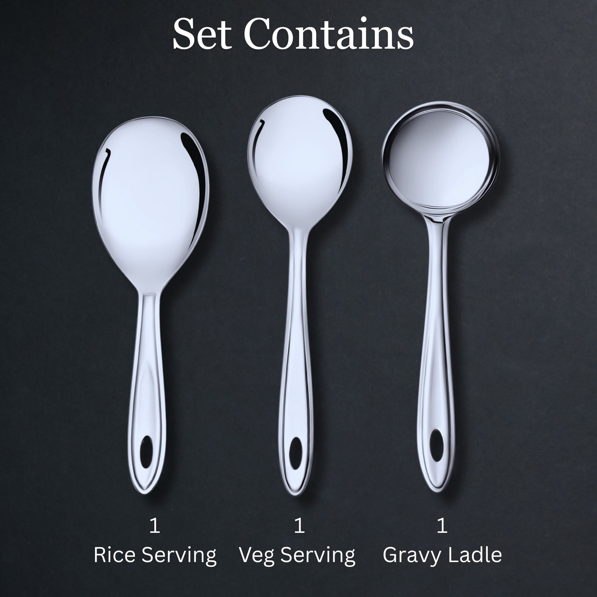 Trinity serving tools set featuring gravy ladle, rice server, and vegetable serving spoon with ergonomic handles and shiny finish.
