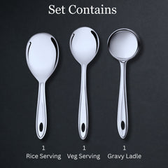 Trinity serving tools set featuring gravy ladle, rice server, and vegetable serving spoon with ergonomic handles and shiny finish.