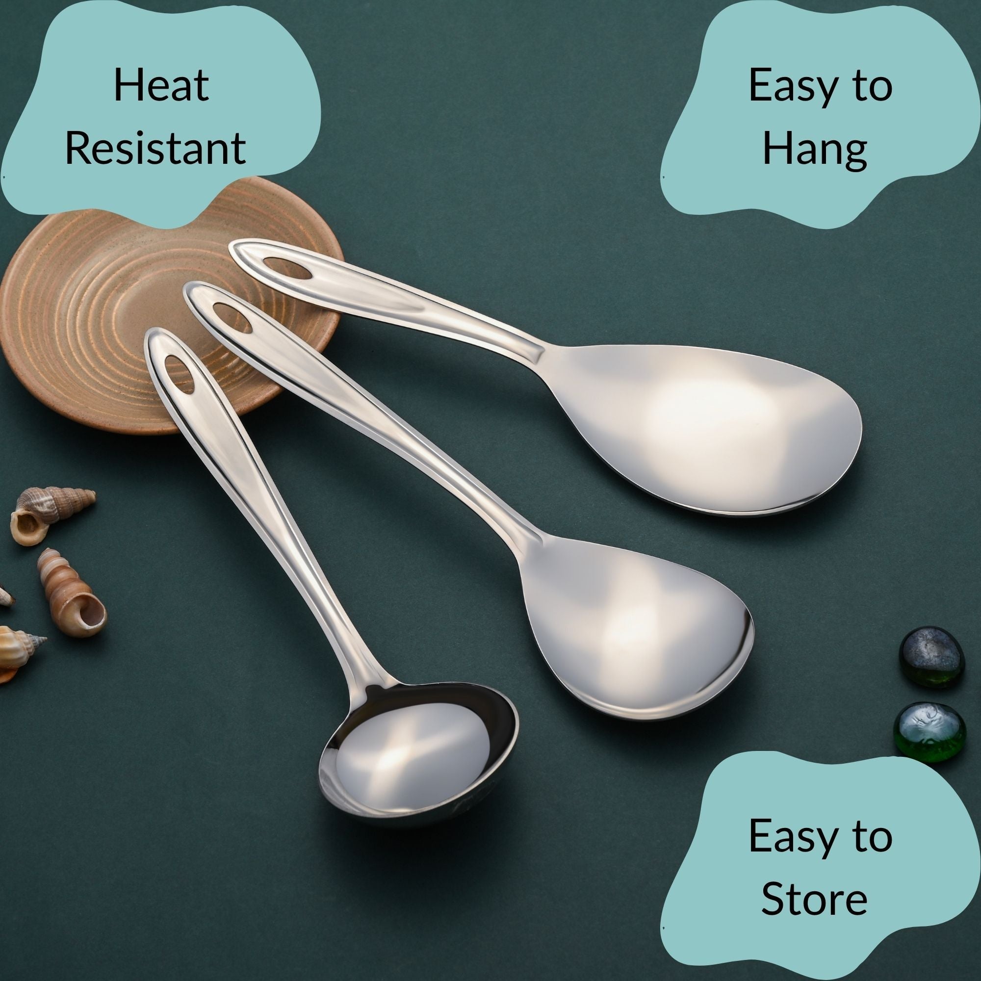 Trinity serving spoons showcasing product benefits of heat resistant construction, easy to hang handles, and convenient storage options.