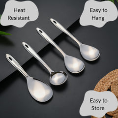 Trinity serving spoons featuring heat-resistant, easy-to-hang, and easy-to-store benefits with grey callout boxes and decorative woven elements.