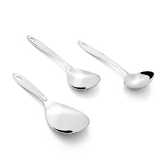 Close-up view of three trinity stainless steel serving spoons highlighting elegant handles and polished finish of each serving utensil.