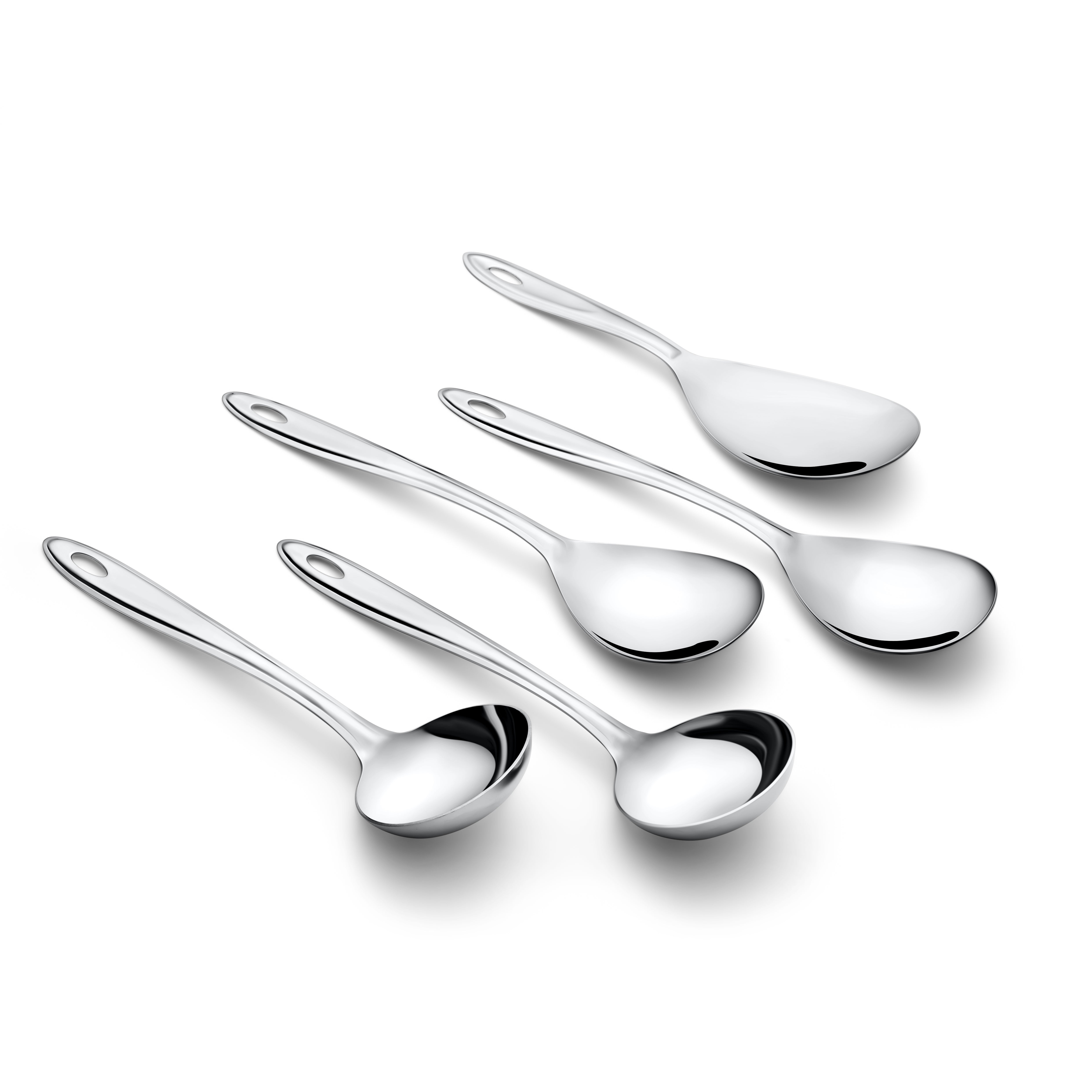 Trinity stainless steel serving spoons arranged artistically on white background showcasing mirror polish finish and modern minimalist kitchen design aesthetic.