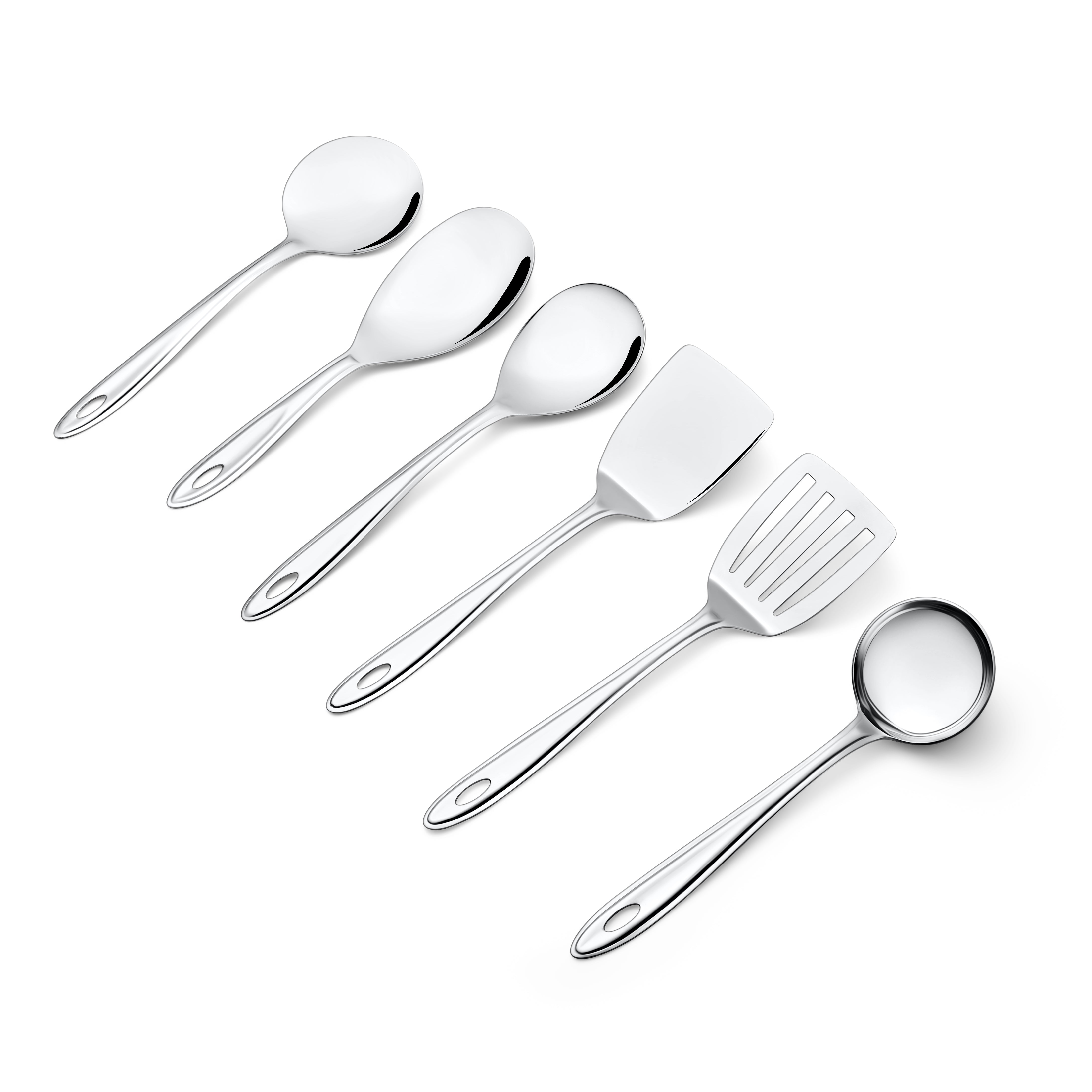 Trinity stainless steel serving tools arranged diagonally on white background, showcasing mirror polish finish and complete 6-piece set for kitchen use.