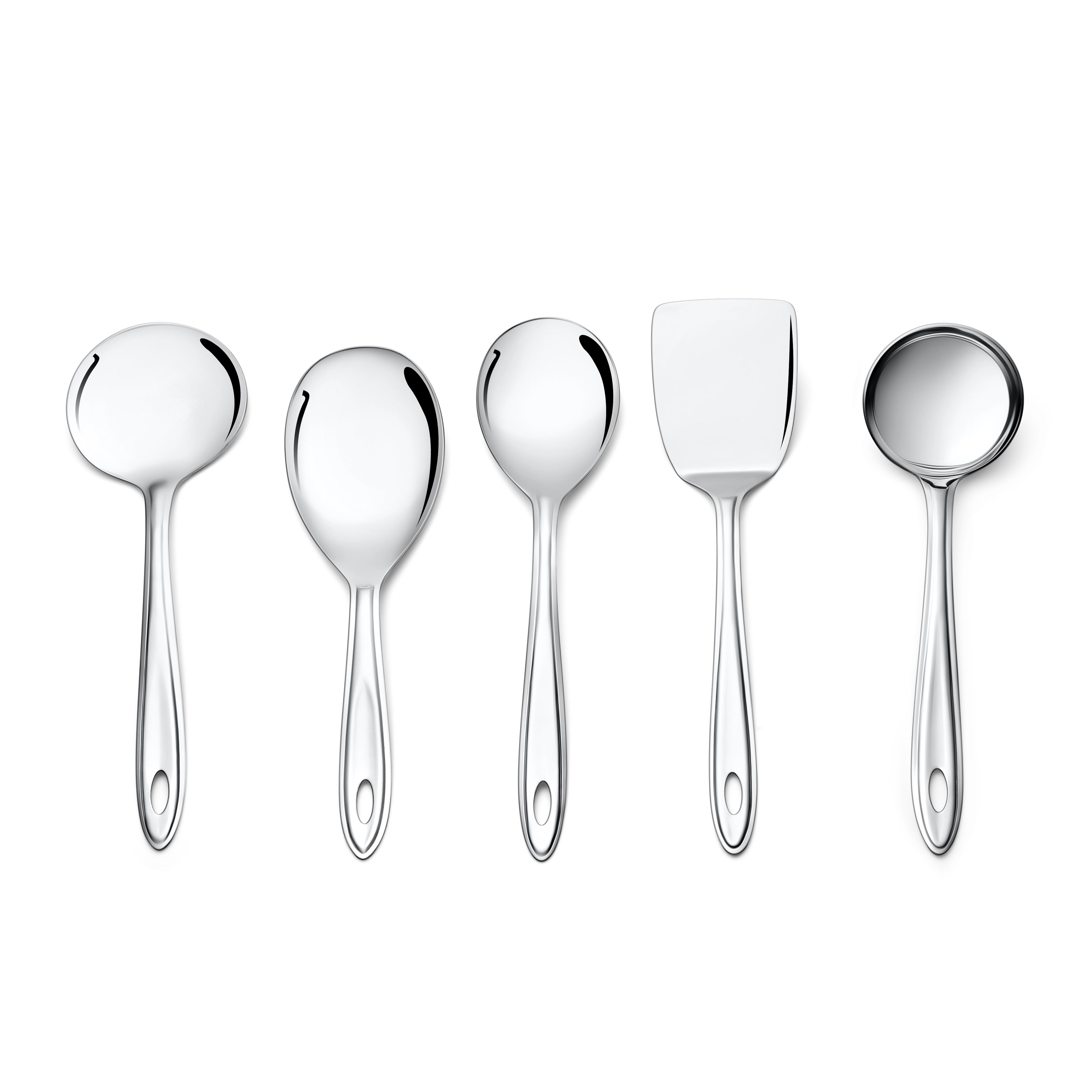 Complete Montavo Trinity stainless steel serving spoon set of 5 pieces arranged in row on white background