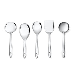 Complete Montavo Trinity stainless steel serving spoon set of 5 pieces arranged in row on white background