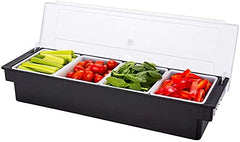 Condiment organizer filled with fresh vegetables including celery, cherry tomatoes, lettuce, and red peppers in four separate white compartments