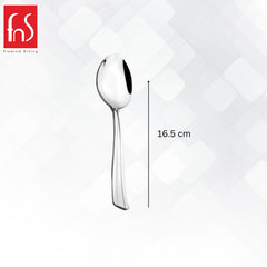 Venice baby spoon dimensions showing 16.5 cm length with mirror finish stainless steel bowl and ergonomic flat tapered handle design by FNS Premium Dining