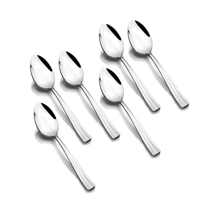 Six Venice baby spoons featuring mirror polished stainless steel bowls with elegant tapered flat handles displayed on white background with natural shadows