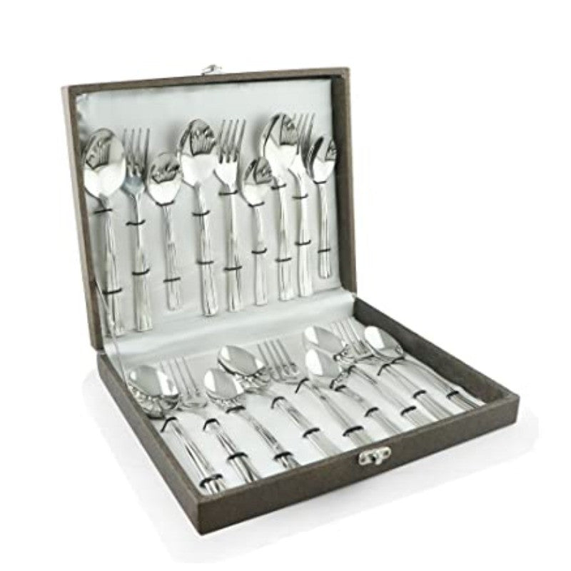 Open black case displaying organized silverware set of forks and spoons with shiny finish.