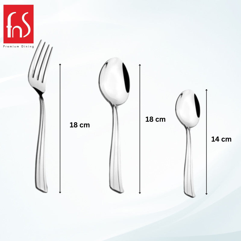 Three-piece cutlery set showing dimensions: 18 cm fork and spoon, 14 cm teaspoon, brand FNS.