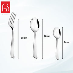 Three-piece cutlery set showing dimensions: 18 cm fork and spoon, 14 cm teaspoon, brand FNS.