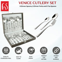 Venice cutlery set with 6 dinner spoons, forks, teaspoons in case; stainless, rust-proof, durable.
