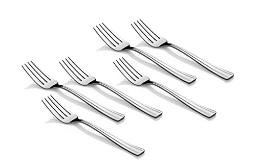 Set of six polished stainless steel forks arranged diagonally on a plain white background.