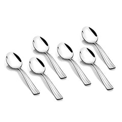 Six Venice pattern stainless steel teaspoons with ribbed handles arranged in two rows against white background, showing mirror-polished finish and elegant design