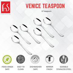 Venice Teaspoon product display showing six stainless steel spoons in two rows with five feature icons below: food grade safe, easy to clean, dishwasher safe, mirror finish, and durable stainless steel, FnS Premium Dining branding