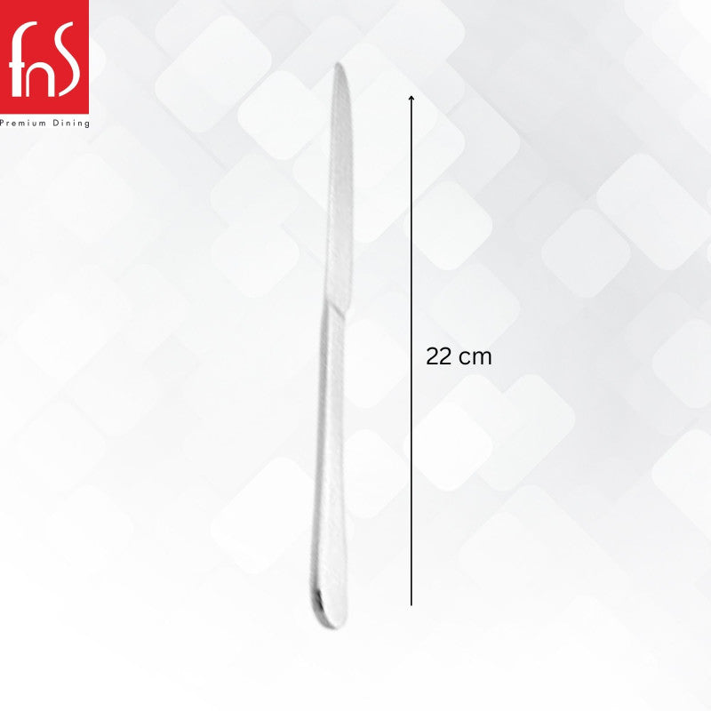 Single Verona dinner knife dimension chart showing 22cm length on clean white background with geometric pattern and FnS Premium Dining branding.