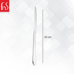Single Verona dinner knife dimension chart showing 22cm length on clean white background with geometric pattern and FnS Premium Dining branding.