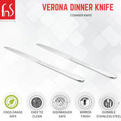Verona dinner knife set featuring two pieces with product icons showing food-grade safe, easy clean, dishwasher safe, mirror finish, and durable stainless steel.