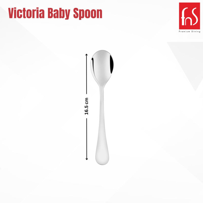 Victoria baby spoon dimensions showing 16.5 cm length with mirror polished stainless steel finish and ergonomic rounded teardrop handle design by FNS