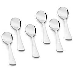Six Venice pattern stainless steel teaspoons with ribbed handles arranged in two rows against a white background