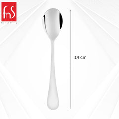 Single Venice teaspoon shown vertically with measurement indicator showing 14 cm length, FnS Premium Dining branding visible