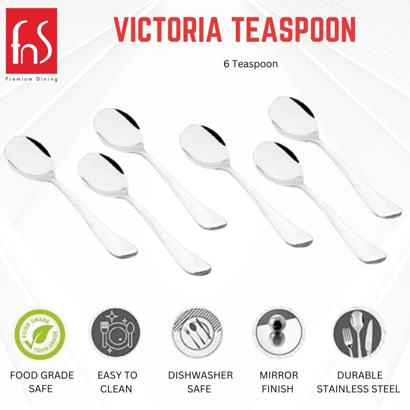 Venice Teaspoon product display showing six stainless steel spoons with five feature icons below: food grade safe, easy to clean, dishwasher safe, mirror finish, and durable stainless steel
