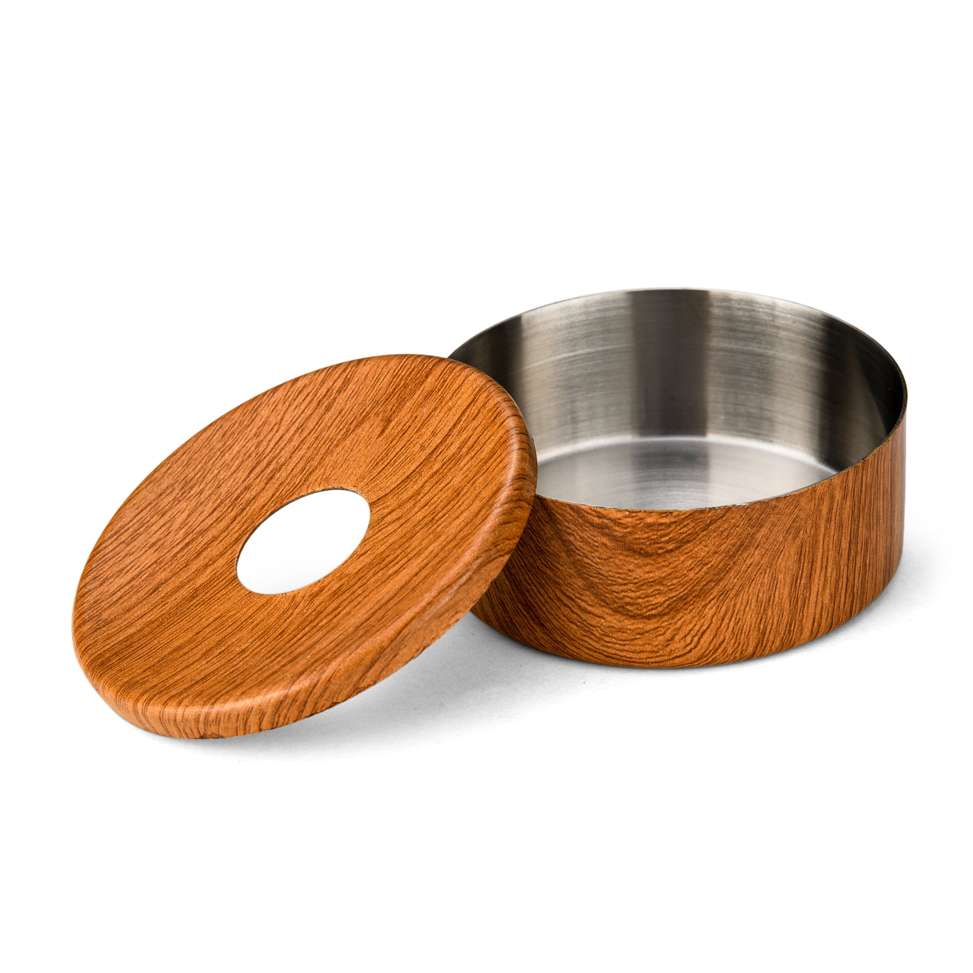 Wood grain ashtray with lid separated showing brushed stainless steel interior and wooden exterior finish