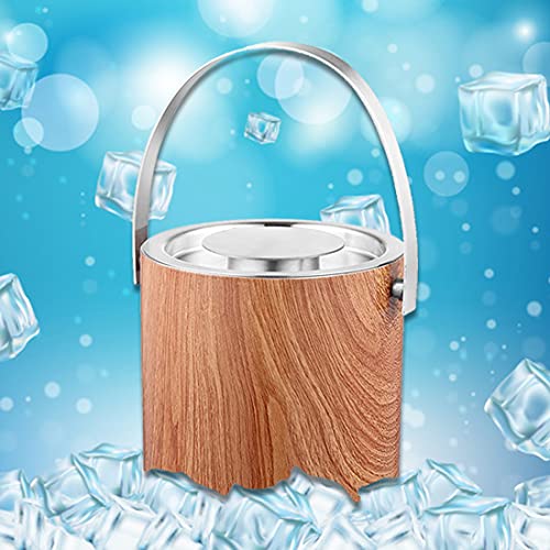 Wood grain pattern ice bucket with floating ice cubes on bright blue bokeh background showing insulation features