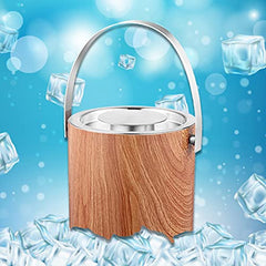Wood grain pattern ice bucket with floating ice cubes on bright blue bokeh background showing insulation features