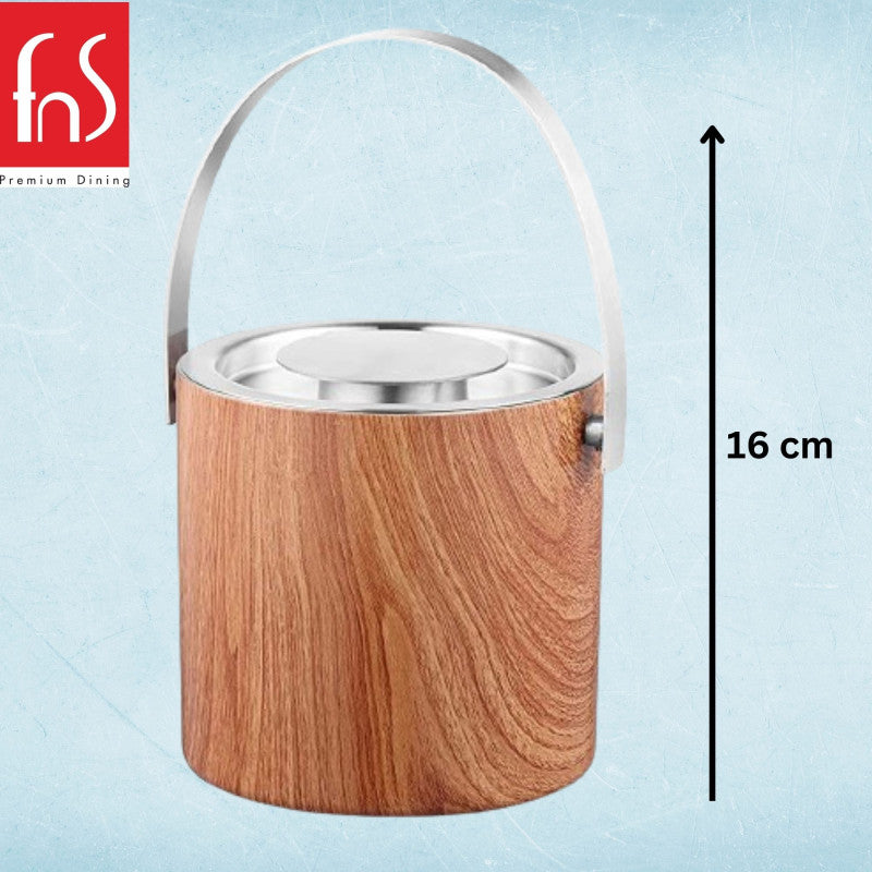 Wood pattern ice bucket with measurement indicator showing 16 cm height dimension specification