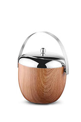 Wooden apple-shaped ice bucket with mirror finish chrome lid, spherical knob, and curved handle isolated on white background