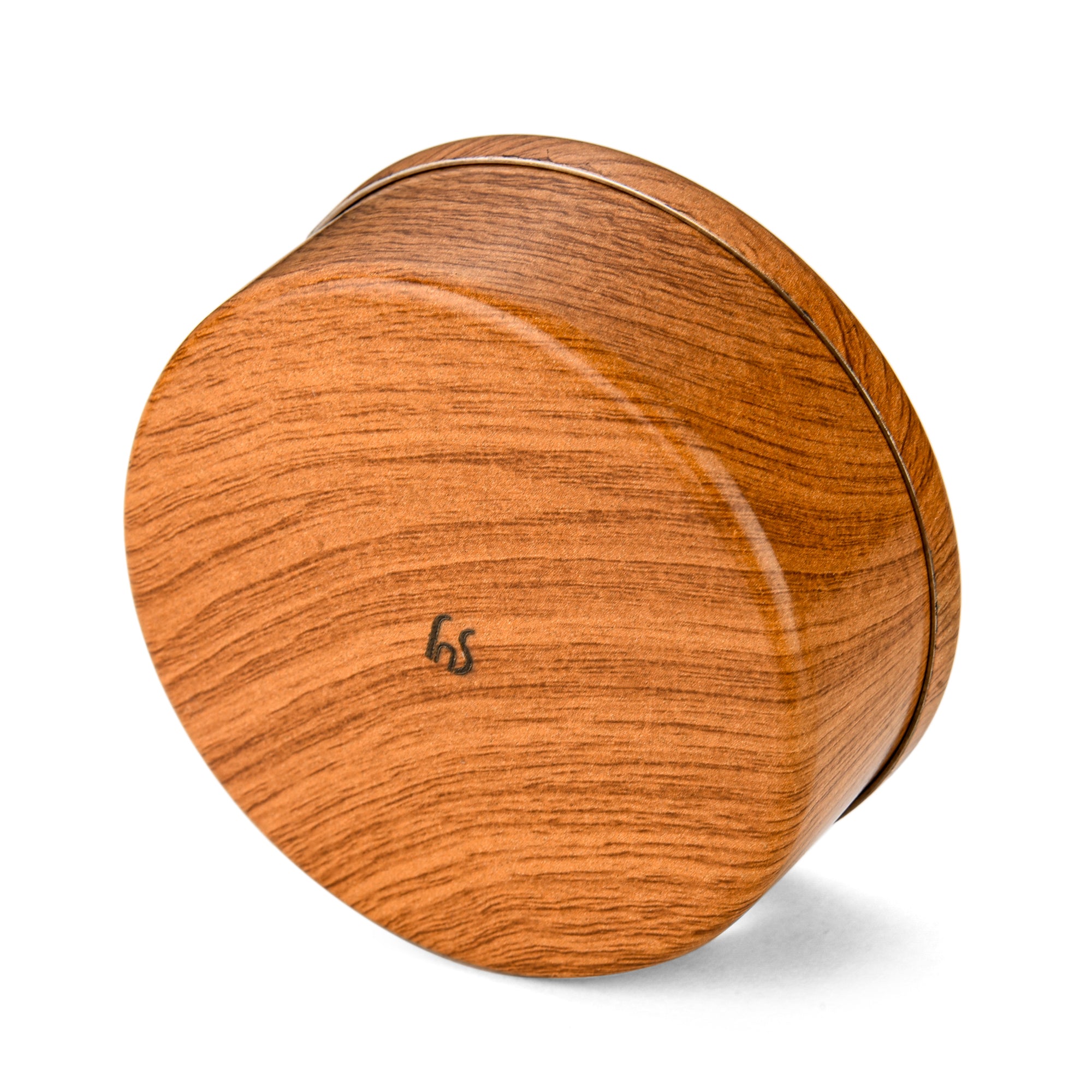 Bottom view of wooden ashtray showing natural wood grain texture and FNS logo branding