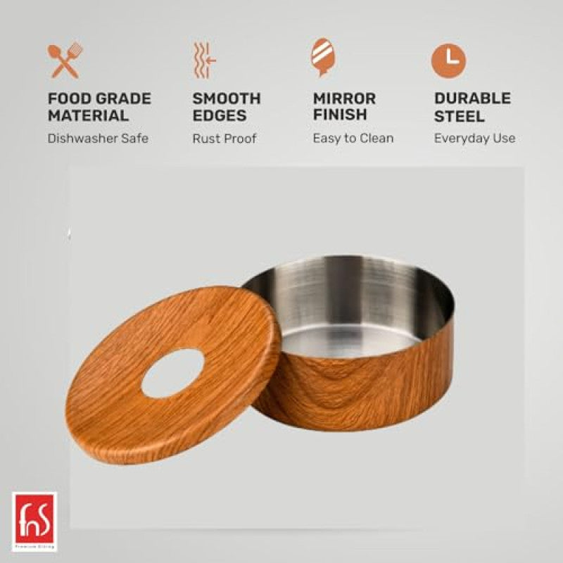 Wooden ashtray features infographic highlighting food grade material, smooth edges, mirror finish interior, and durable steel construction