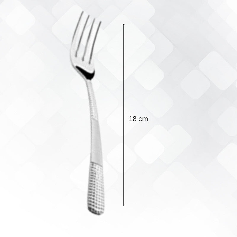 Single stainless steel dinner fork measuring 18 cm in length against white background
